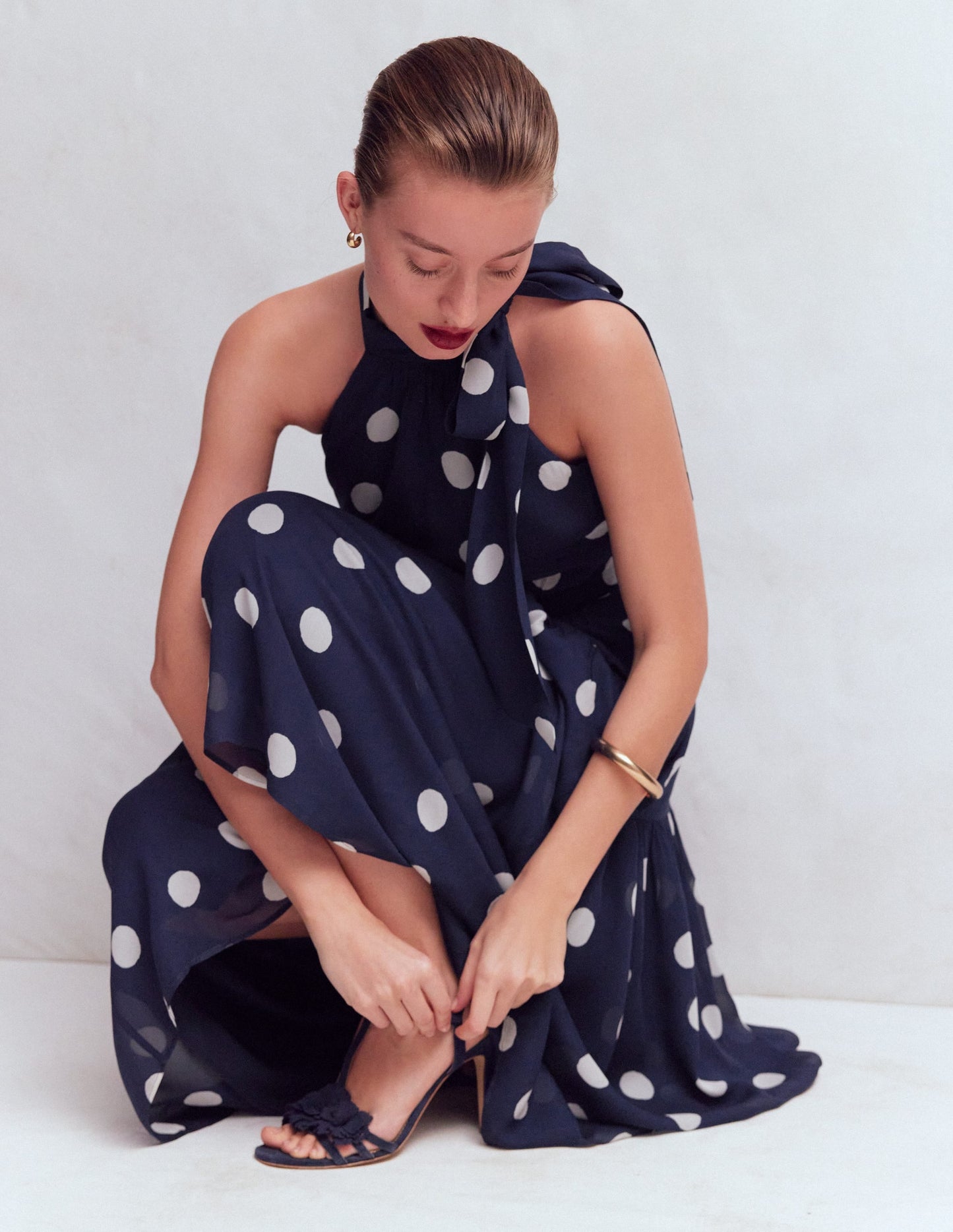 Roisin Tie Neck Maxi Dress-Navy Painted Dot Spaced