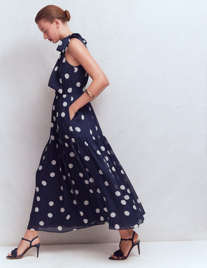 Roisin Tie Neck Maxi Dress-Navy Painted Dot Spaced