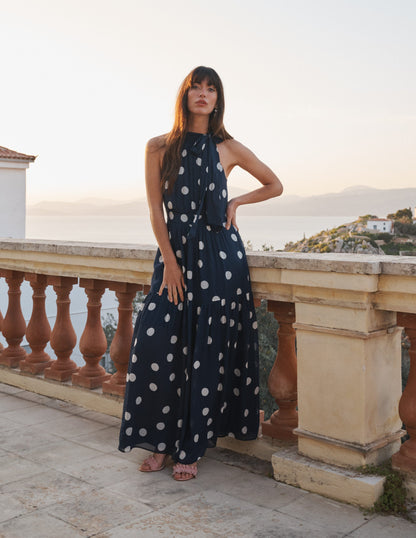 Roisin Tie Neck Maxi Dress-Navy Painted Dot Spaced