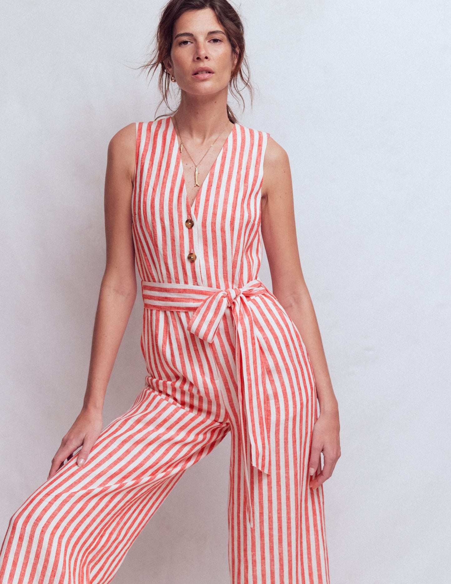 Laura V-neck Linen Jumpsuit-Red, Ivory Stripe