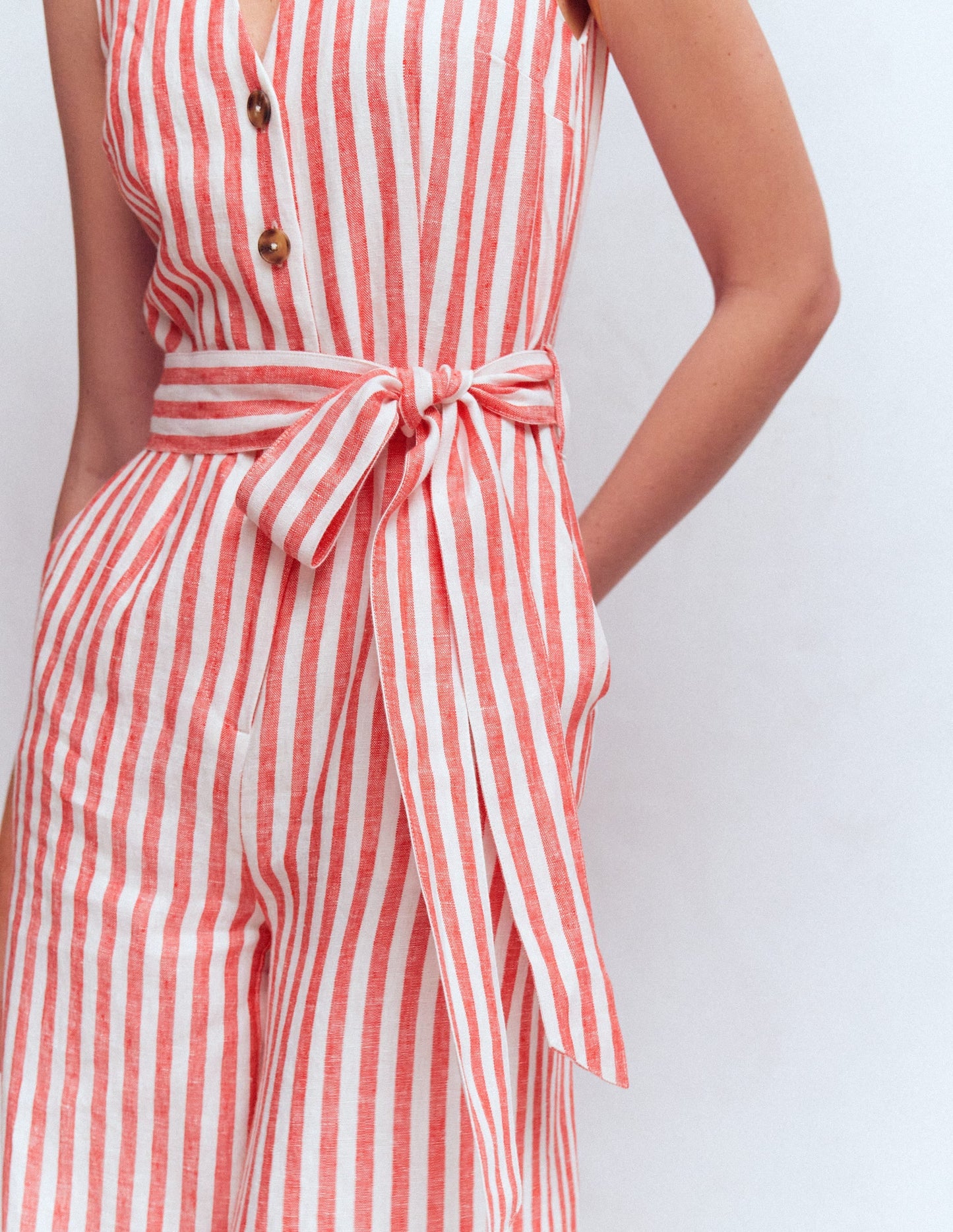 Laura V-neck Linen Jumpsuit-Red, Ivory Stripe