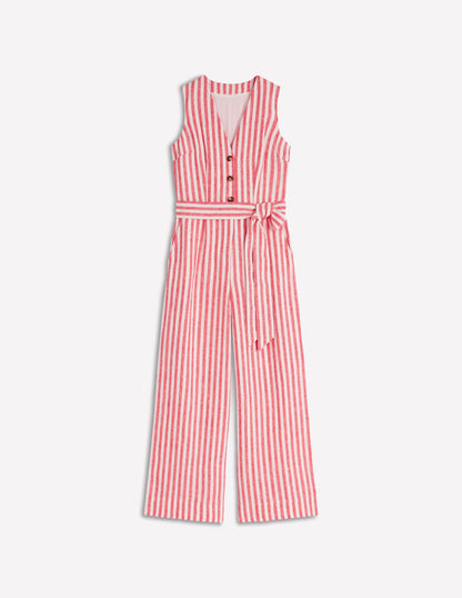 Laura V-neck Linen Jumpsuit-Red, Ivory Stripe