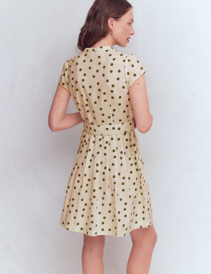 Arabella Short Linen Dress-Ivory Painted Dot Spaced