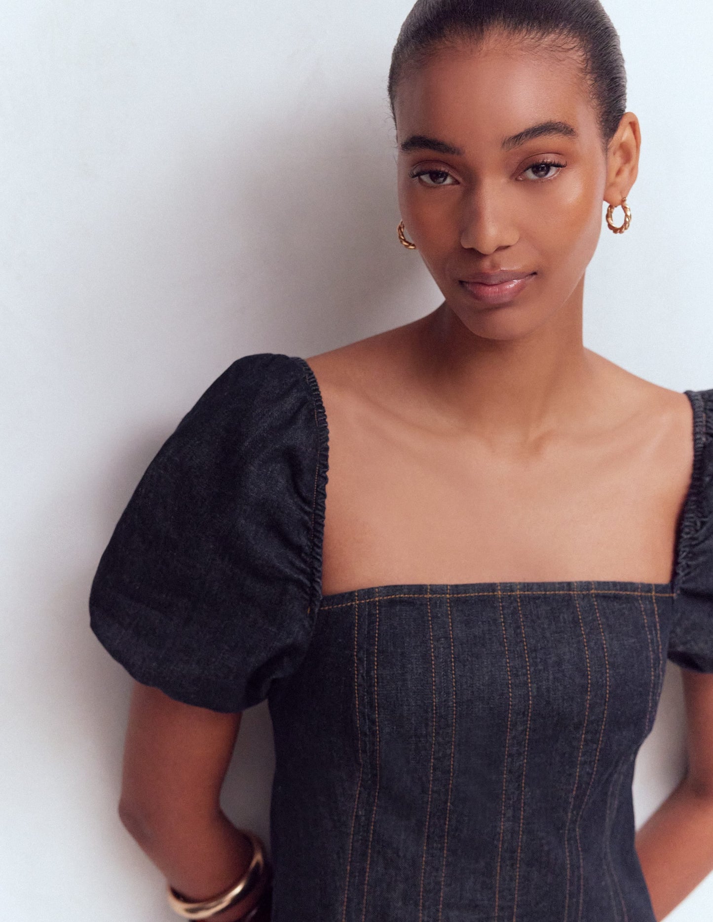 Puff Sleeve Denim Dress-Indigo