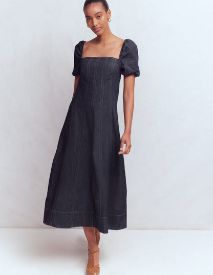Puff Sleeve Denim Dress-Indigo