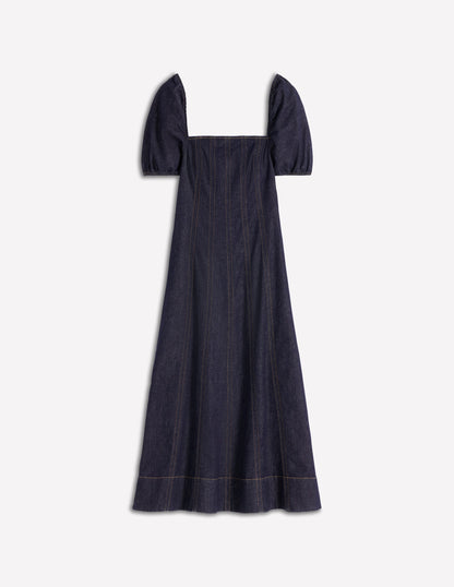 Puff Sleeve Denim Dress-Indigo