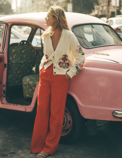 Relaxed Cotton Stitch Cardigan-Ivory, Embroidery