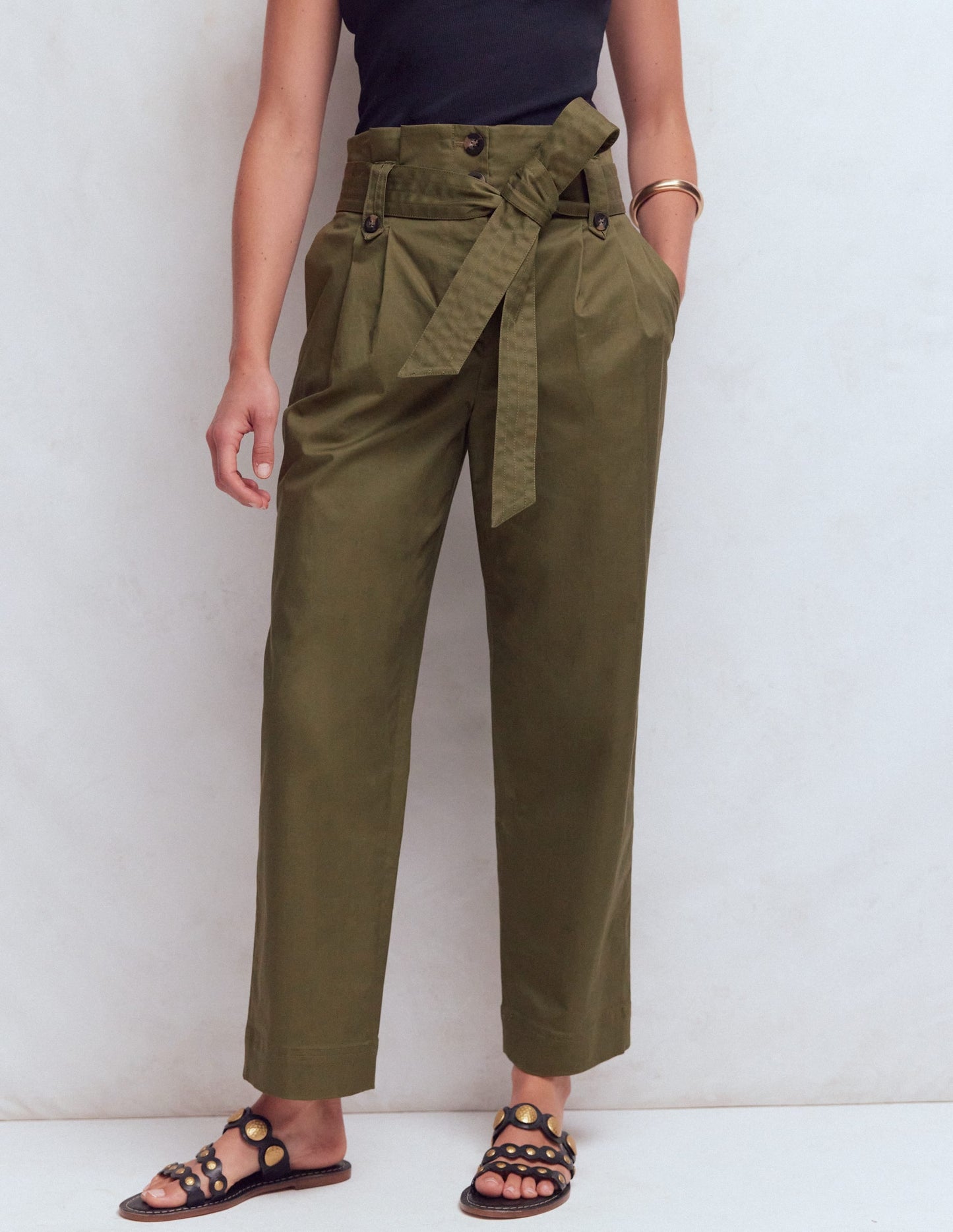 Paperbag Waist Trousers-Woodland Green