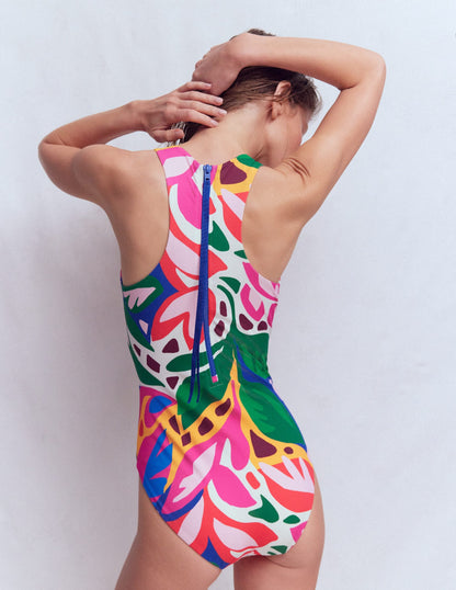 Sporty High Neck Swimsuit-Multi, Leafy Cascade