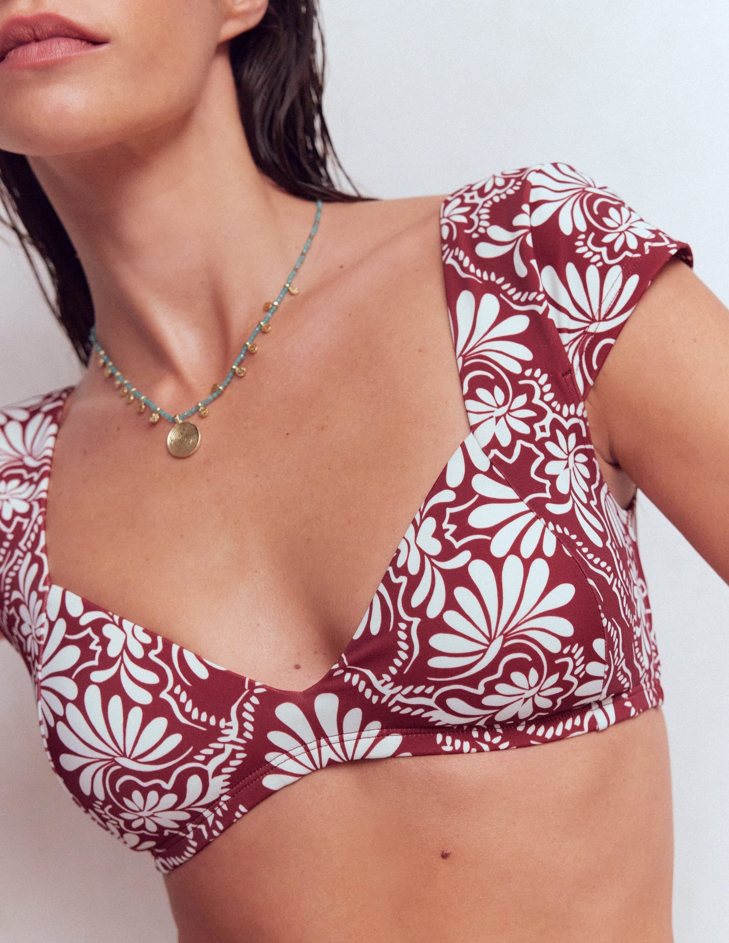 Sweetheart Sleeve Bikini Top-Maroon, Botanical Charm