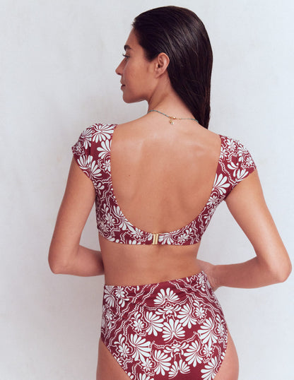 Sweetheart Sleeve Bikini Top-Maroon, Botanical Charm