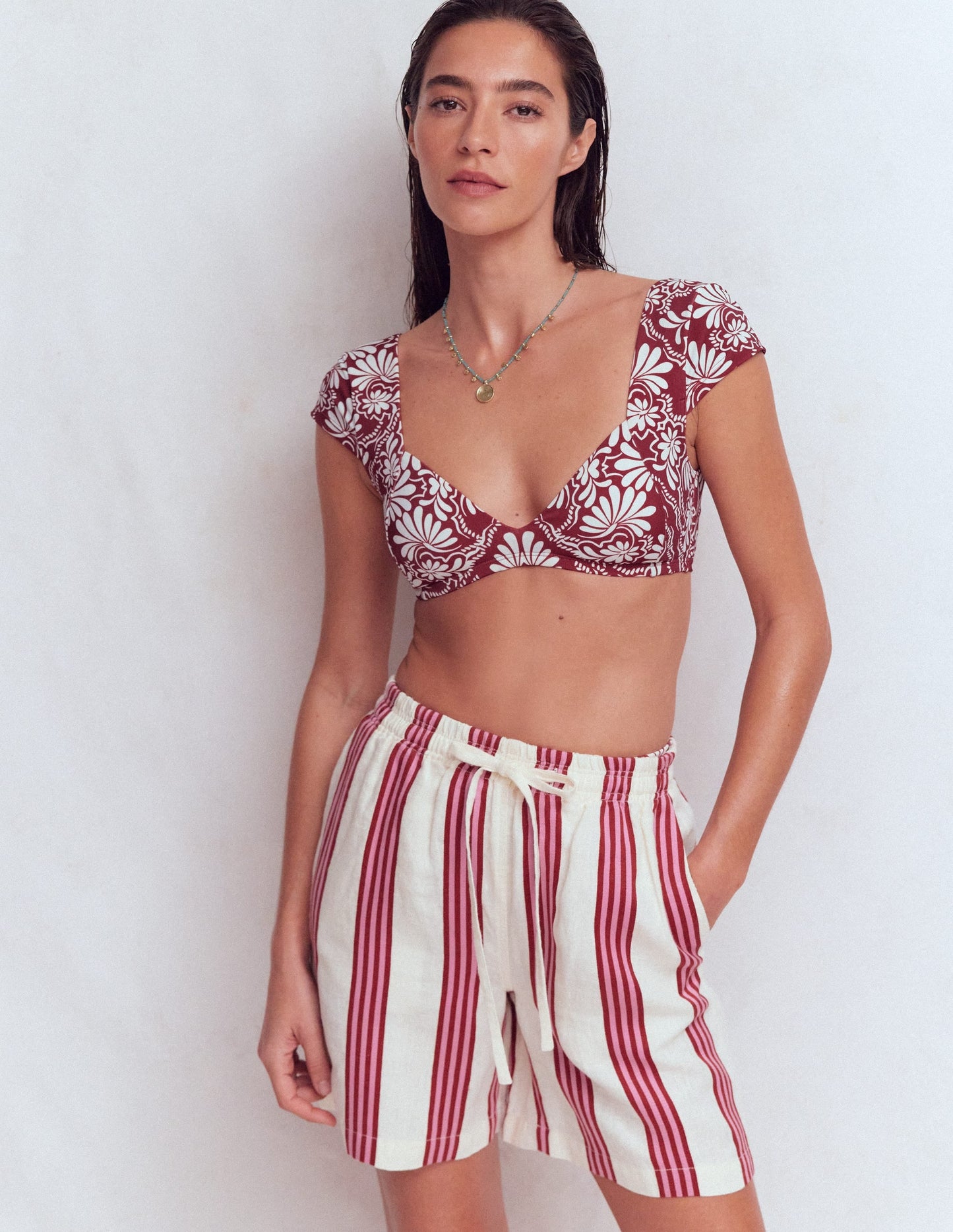 Sweetheart Sleeve Bikini Top-Maroon, Botanical Charm