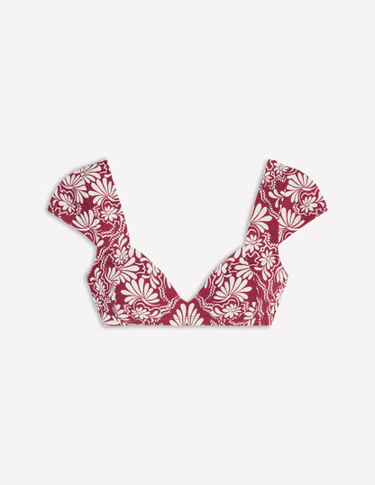 Sweetheart Sleeve Bikini Top-Maroon, Botanical Charm