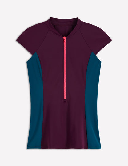 Short Sleeve Rash Guard Top-Purple, Colour block