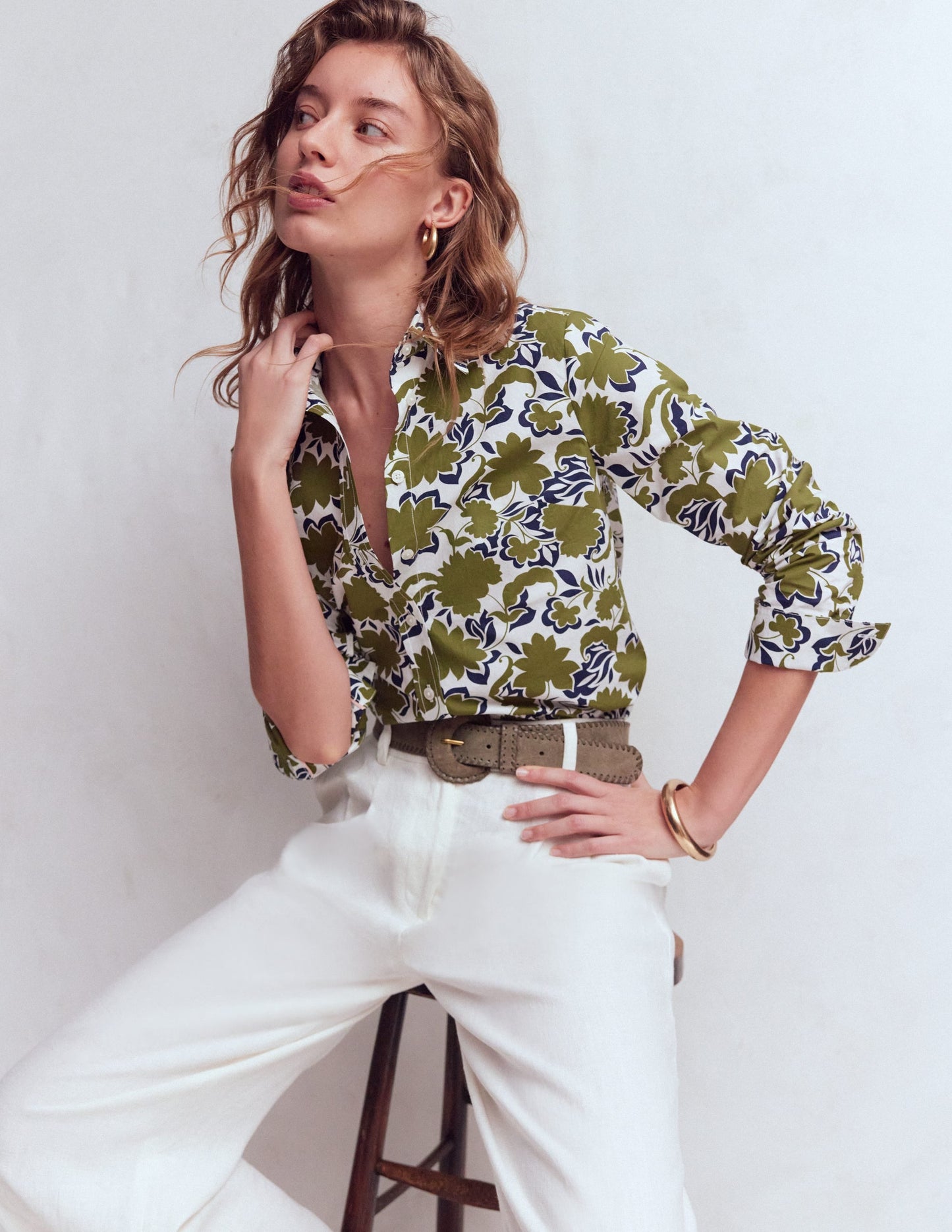 Sienna Cotton Shirt-Olive, Shadow Blossom