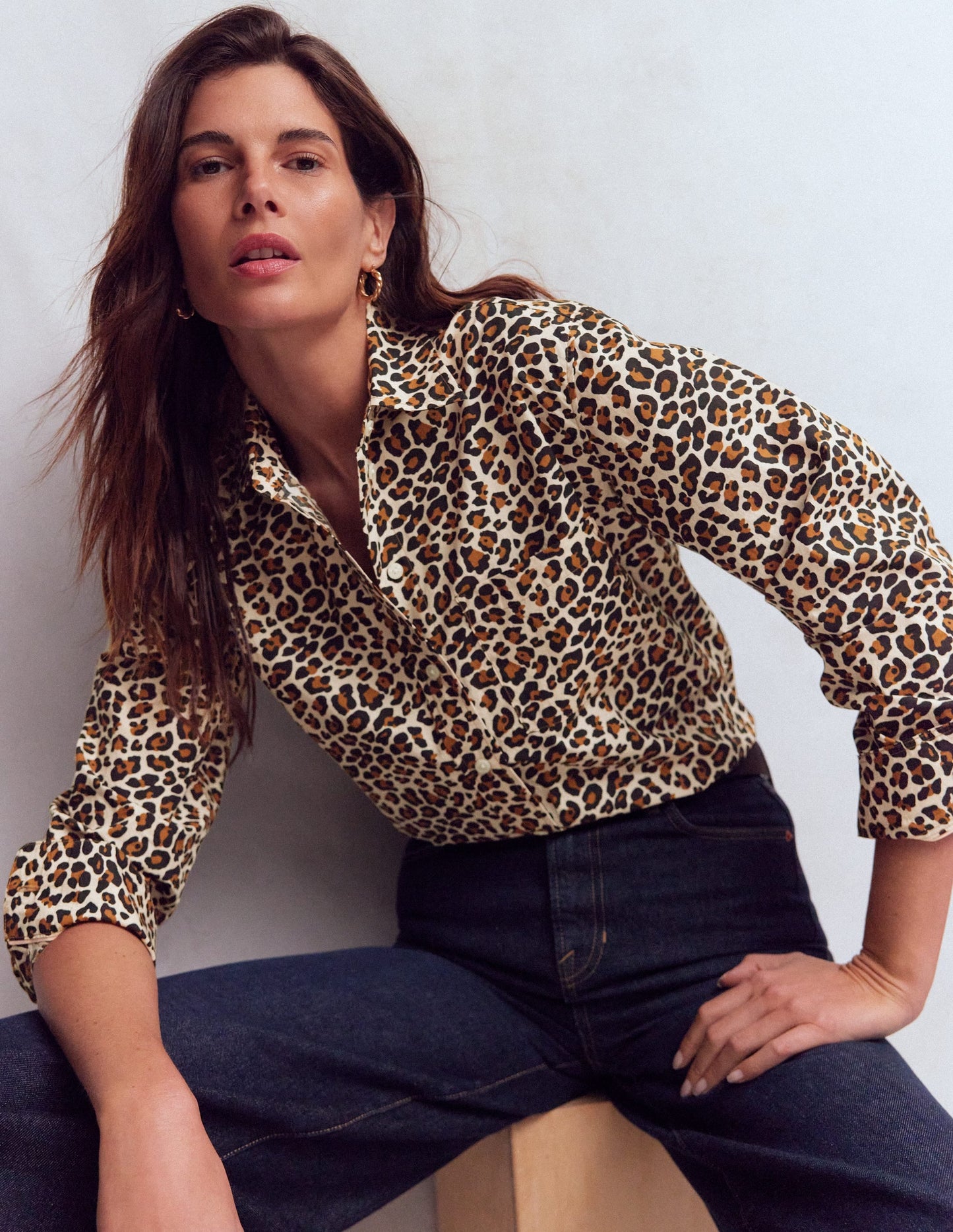 Sadie Relaxed Cotton Shirt-Soft Cream, Leopard Flow