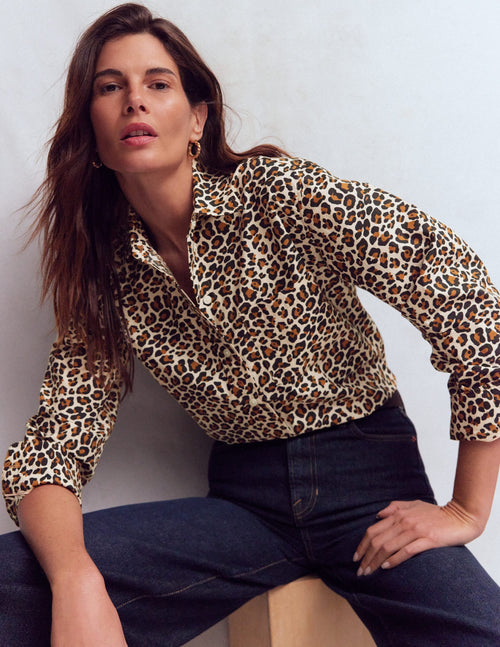 Sadie Relaxed Cotton Shirt-Soft Cream, Leopard Flow