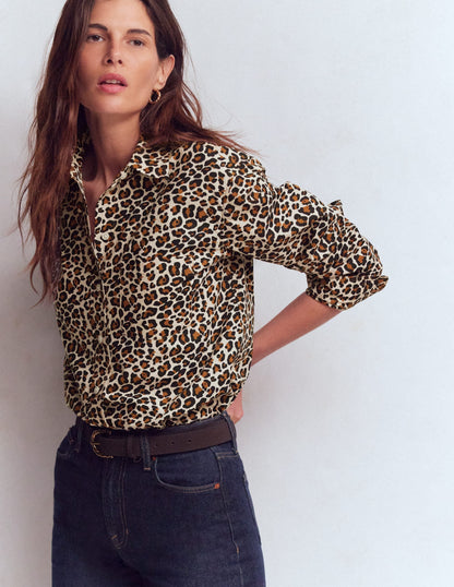 Sadie Relaxed Cotton Shirt-Soft Cream, Leopard Flow