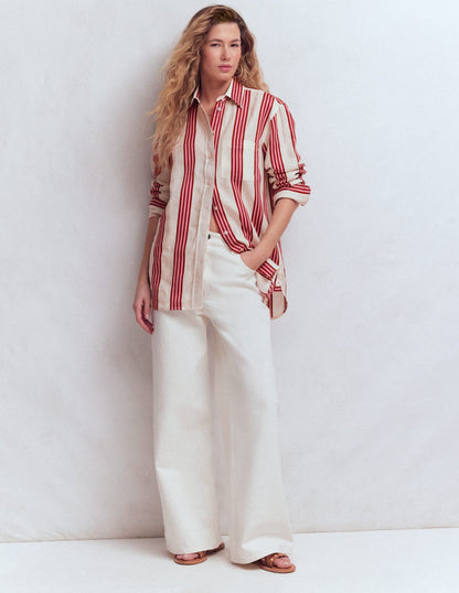 Sadie Relaxed Linen Shirt-Ivory, Brown, Pink Stripe