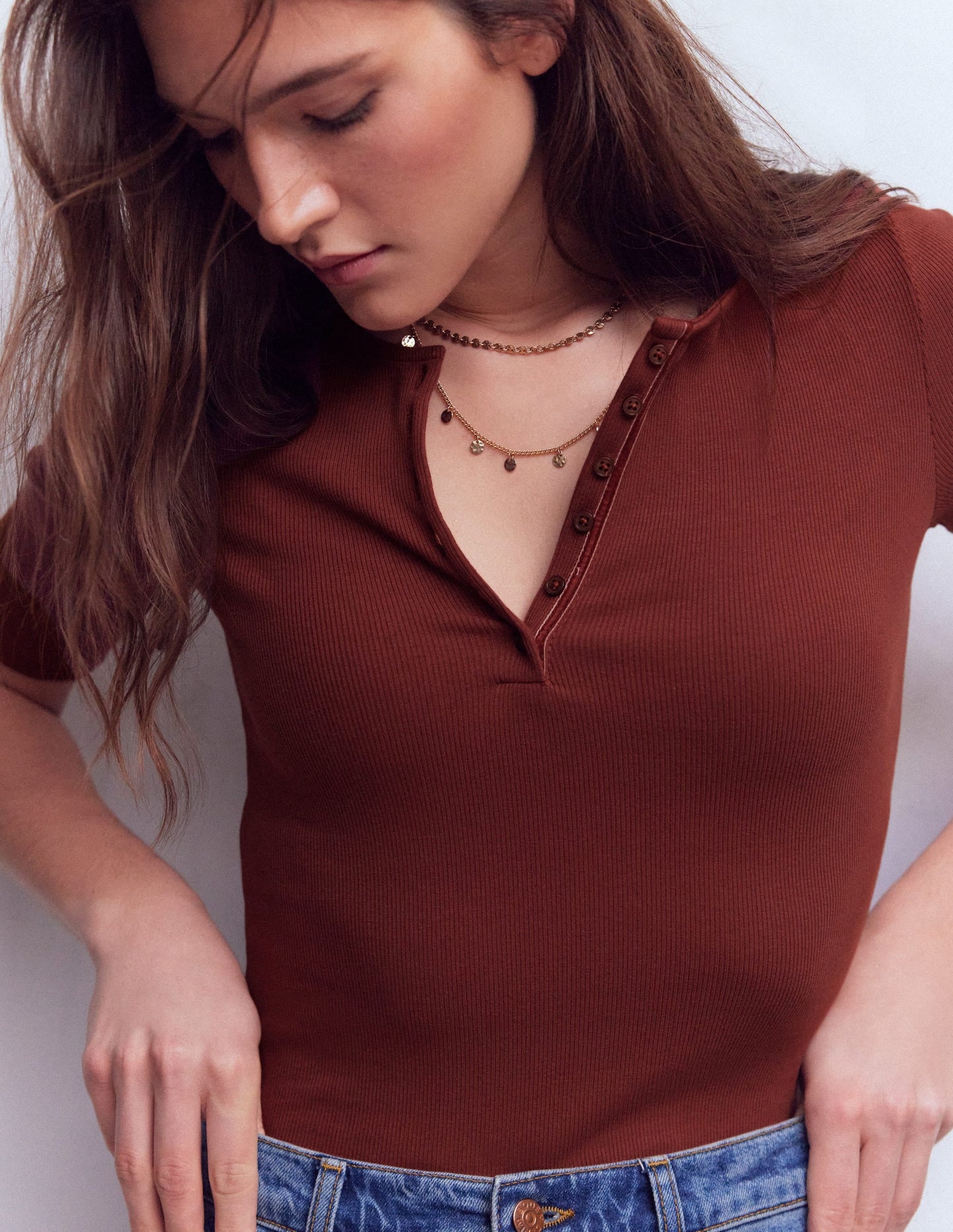 Short Sleeve Rib Henley-Roasted Brown