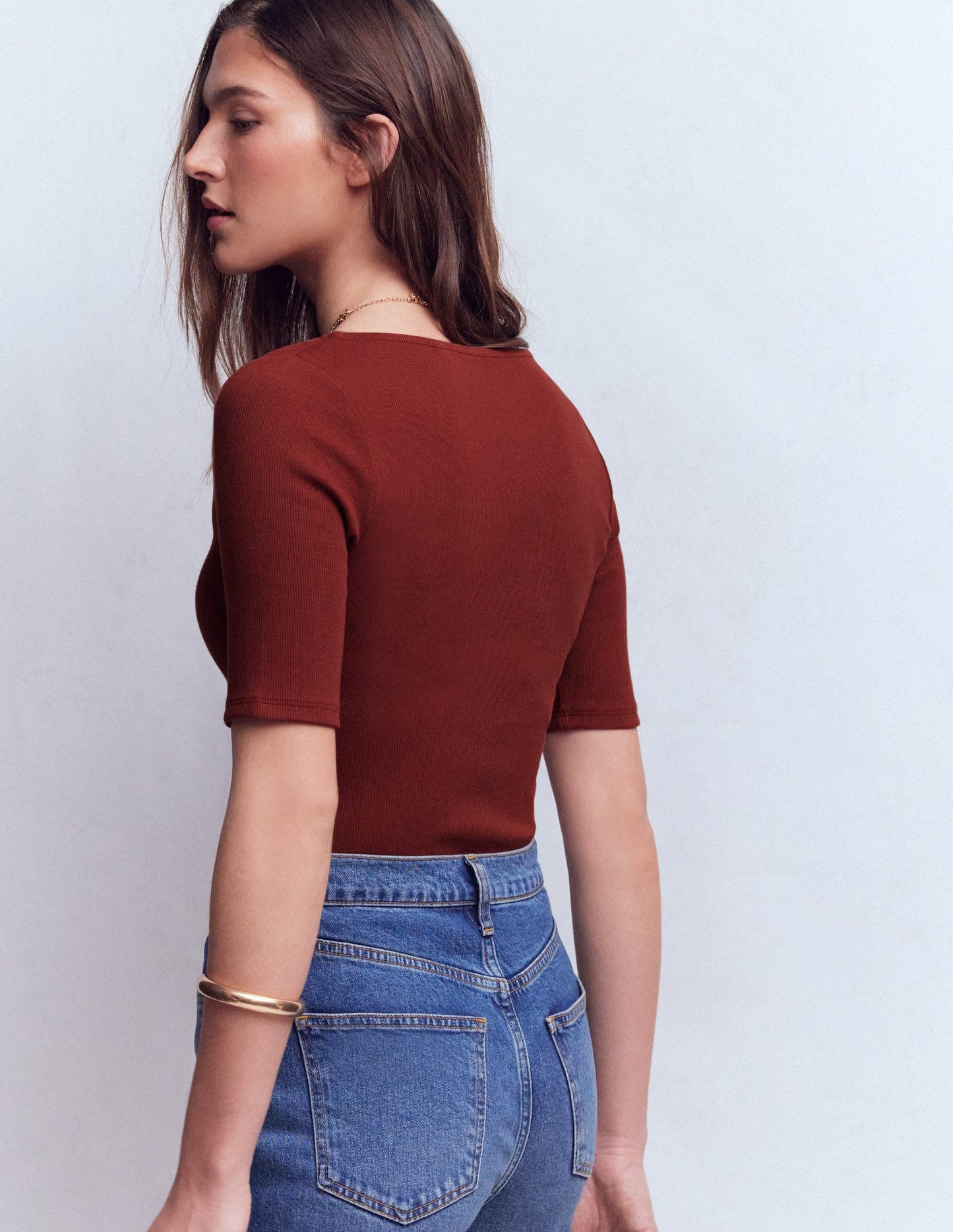 Short Sleeve Rib Henley-Roasted Brown