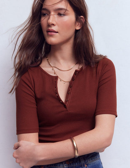 Short Sleeve Rib Henley-Roasted Brown