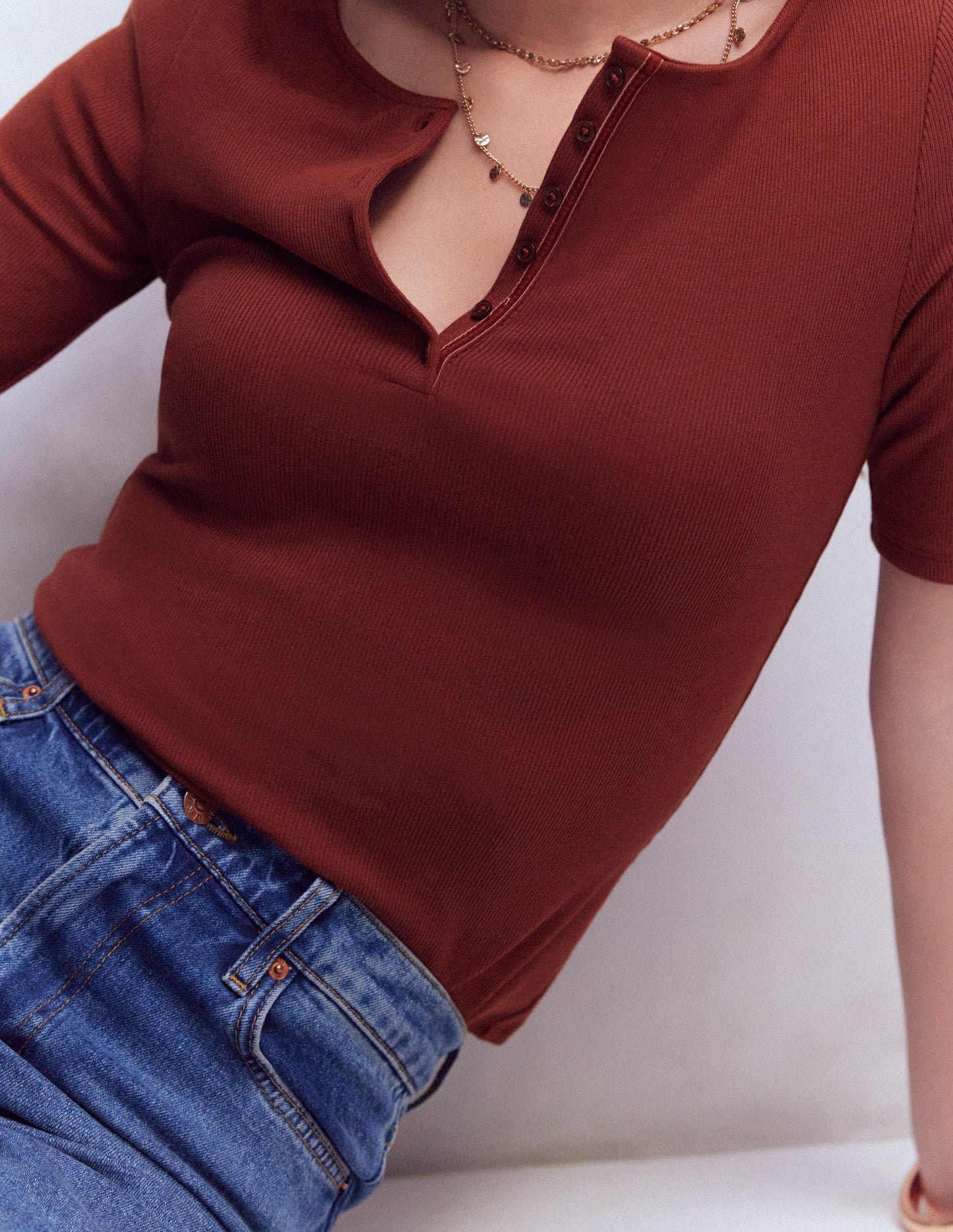Short Sleeve Rib Henley-Roasted Brown