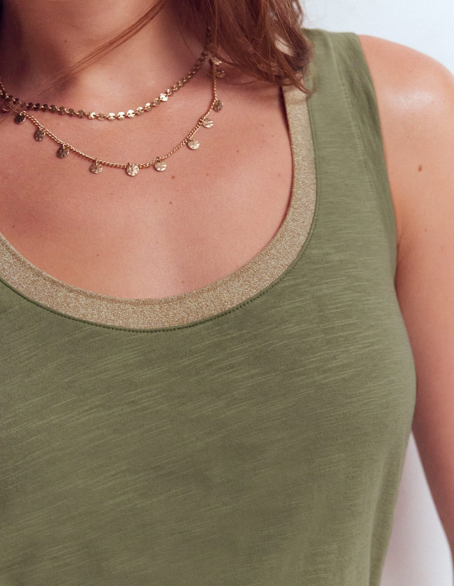 Metallic Trim Scoop Neck Vest-Larch Green
