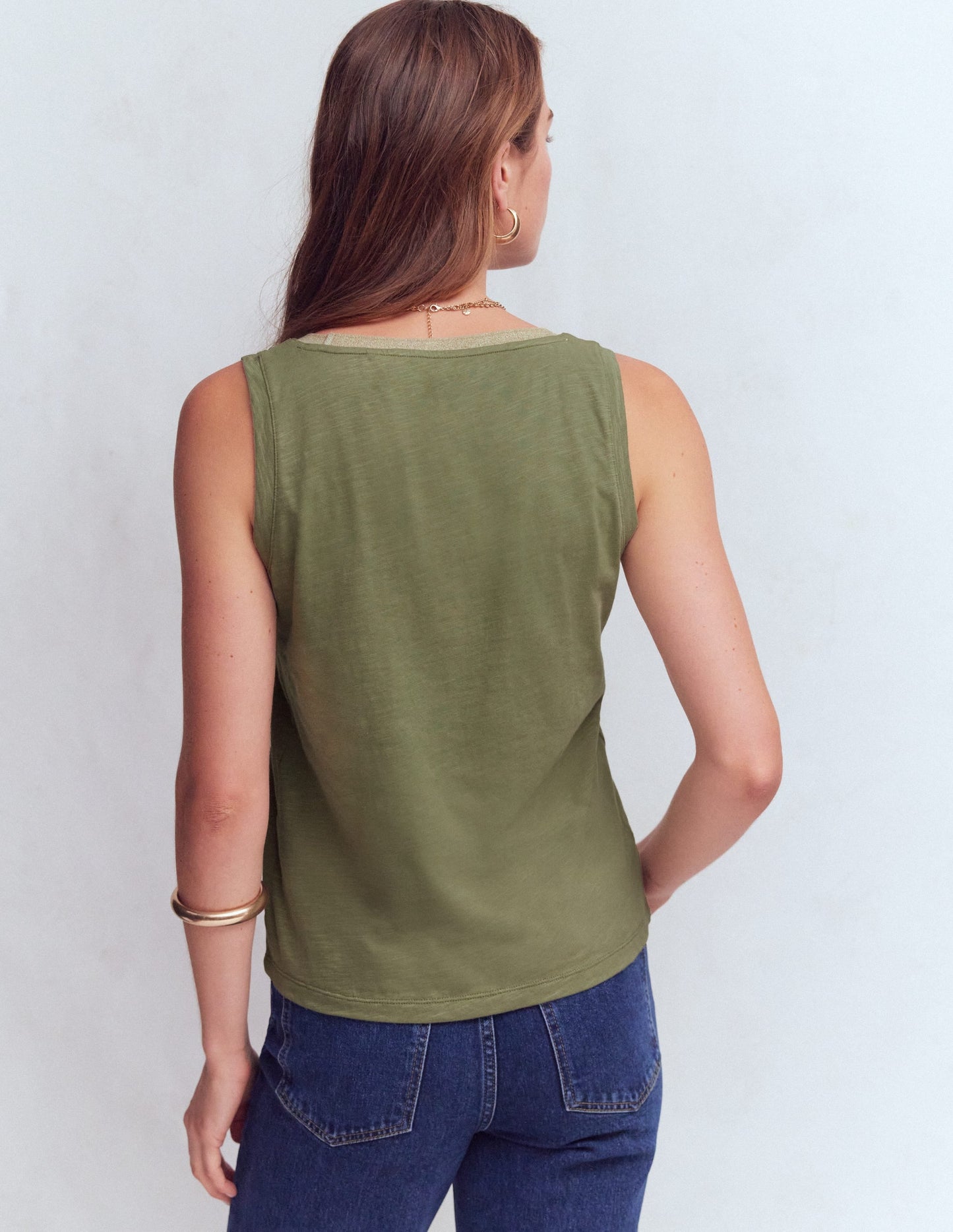 Metallic Trim Scoop Neck Vest-Larch Green