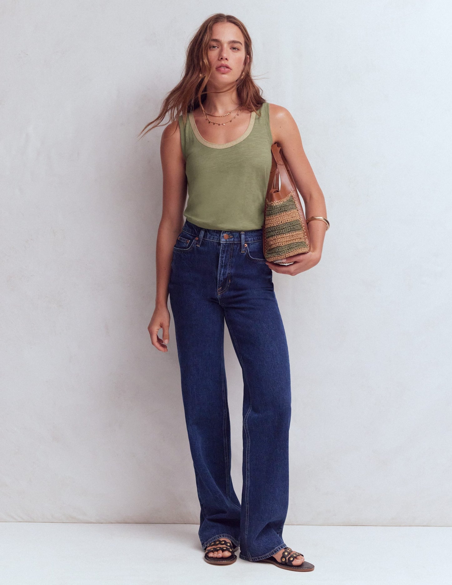 Metallic Trim Scoop Neck Vest-Larch Green