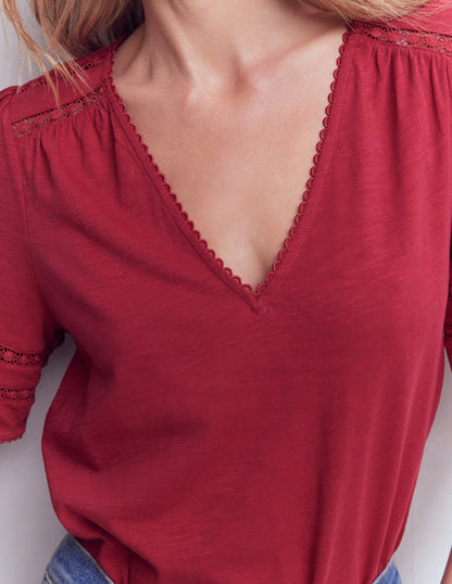 Poppy Trim V Neck T-Shirt-Terracotta Red