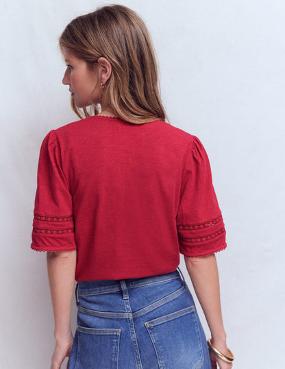 Poppy Trim V Neck T-Shirt-Terracotta Red