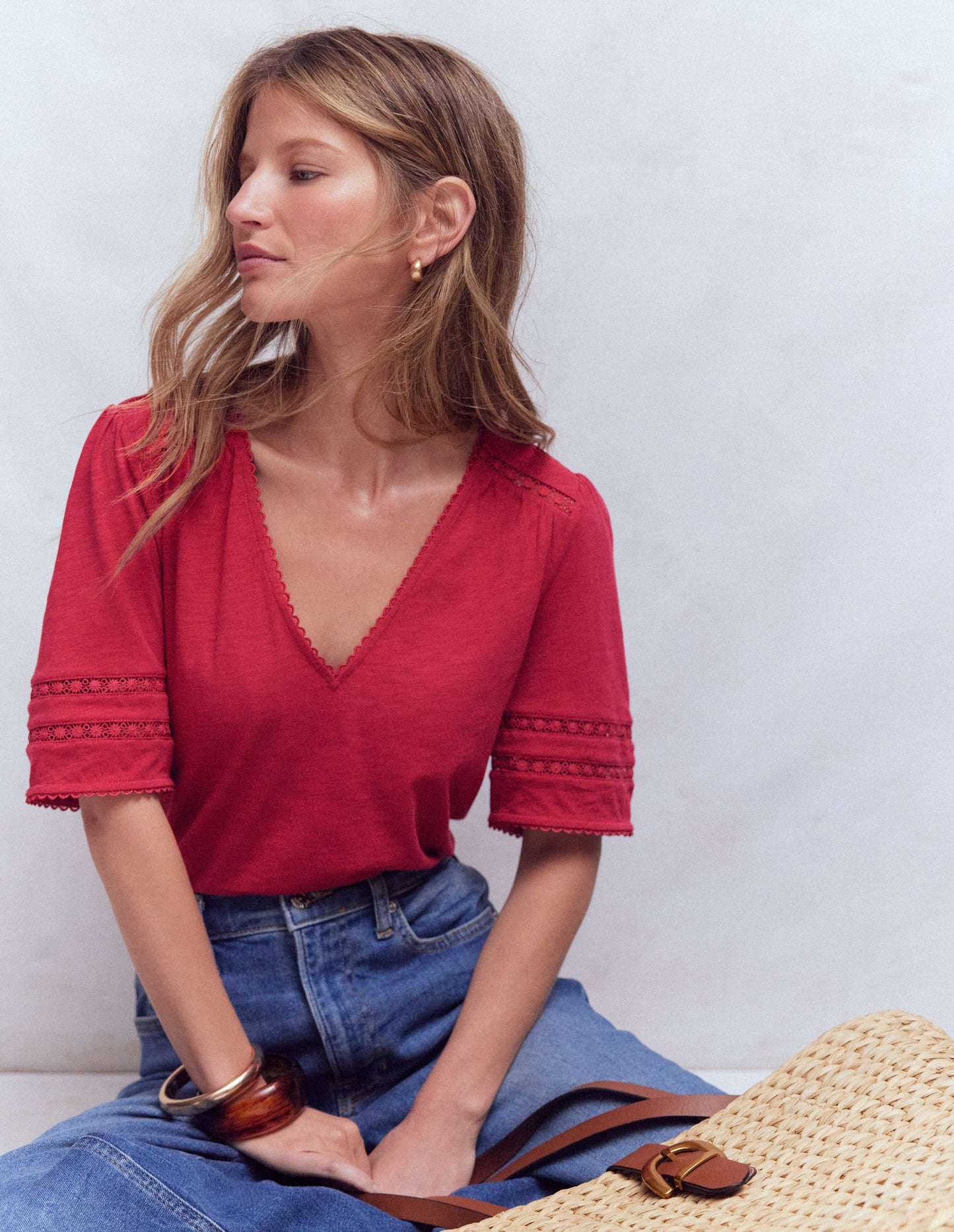 Poppy Trim V Neck T-Shirt-Terracotta Red
