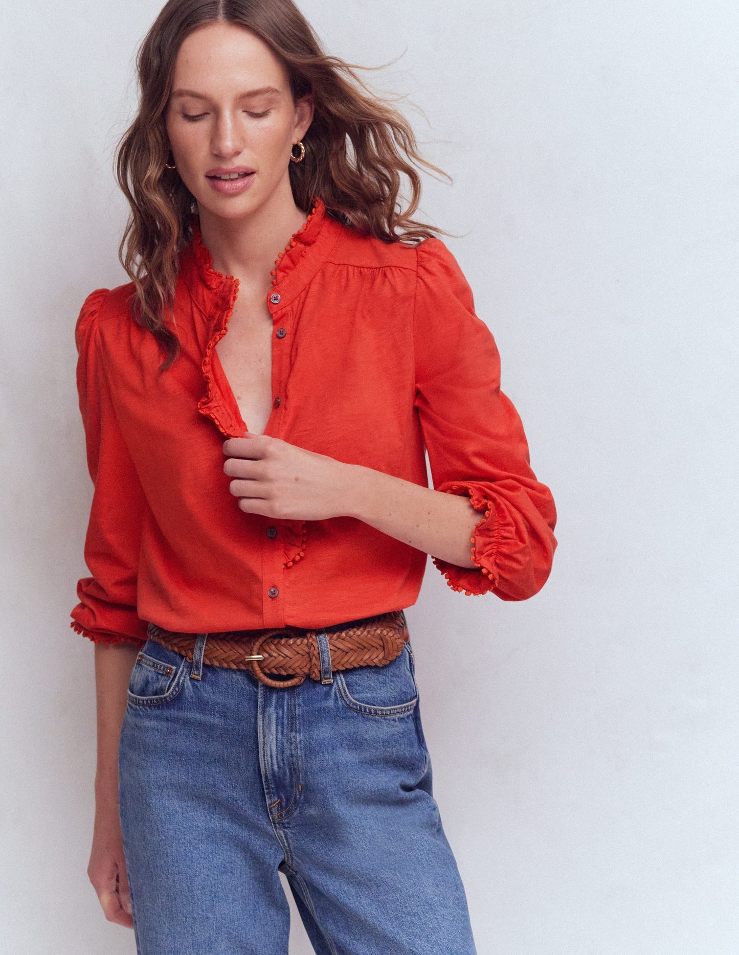 Emily Pom Trim Ruffle Shirt-Blood Orange