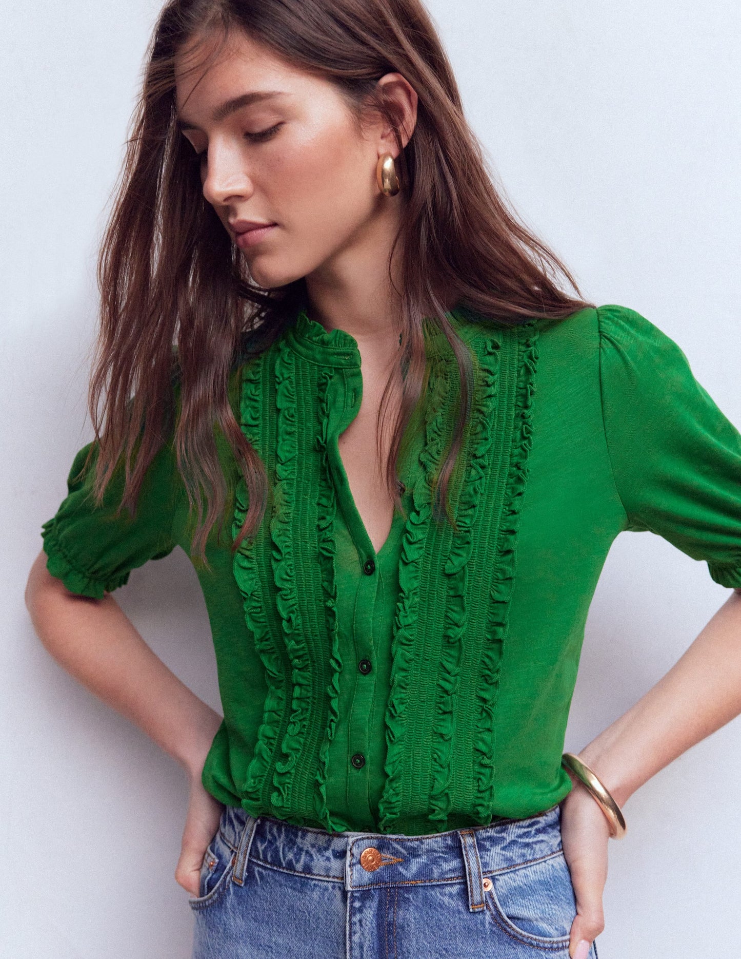Eda Ruffle Front Shirt-Fresh Green
