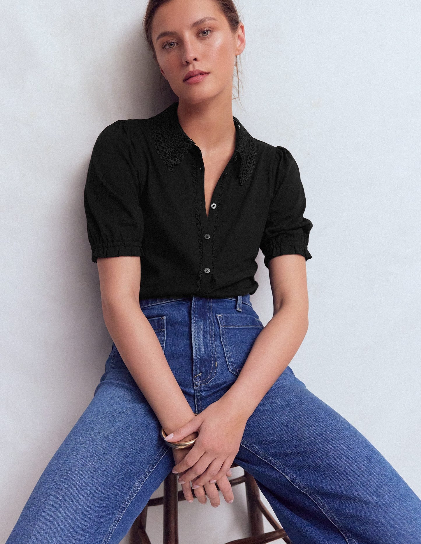 Nessa Broderie Collar Blouse-Black