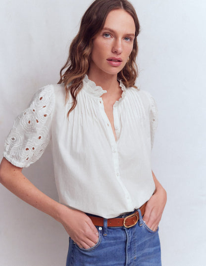 Cutwork Puff Sleeve Top-White