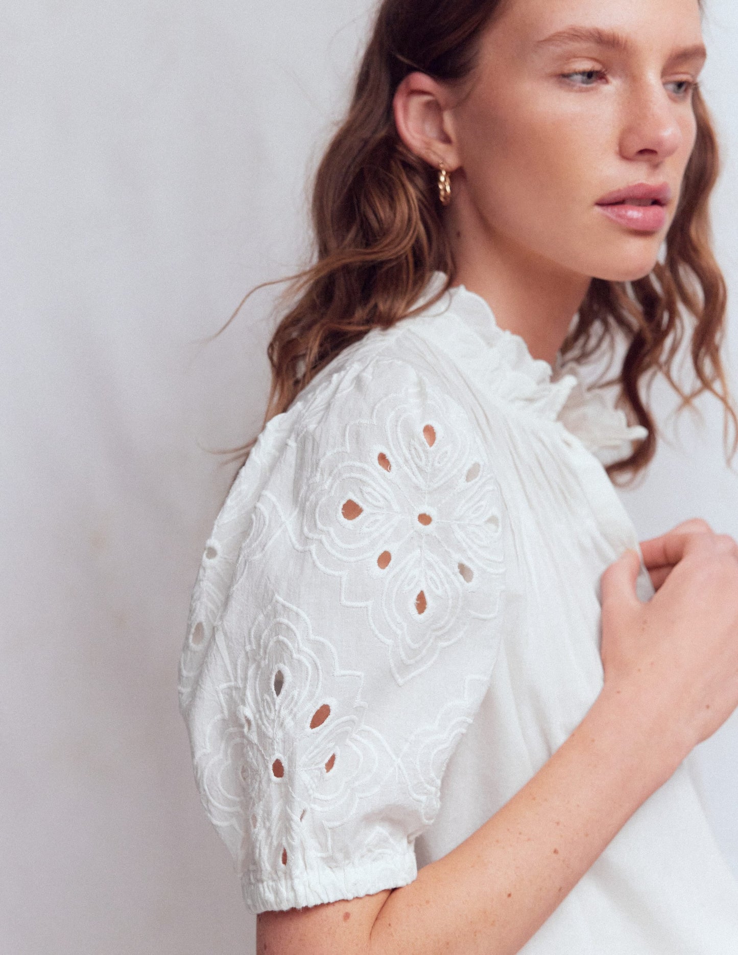 Cutwork Puff Sleeve Top-White