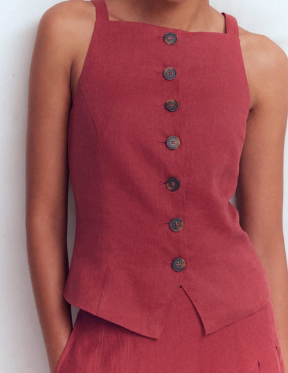 Square Neck Linen Waistcoat-Rich Chestnut