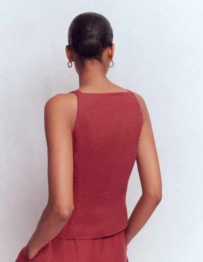 Square Neck Linen Waistcoat-Rich Chestnut