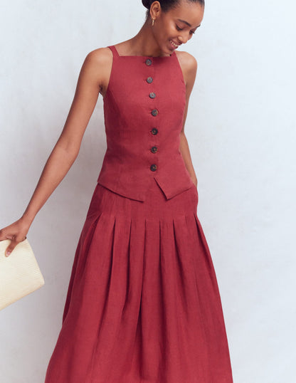 Square Neck Linen Waistcoat-Rich Chestnut