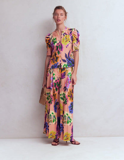 Pleated Mutton Sleeve Top-Multi, Opulent Blossom