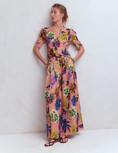 Pleated Mutton Sleeve Top-Multi, Opulent Blossom
