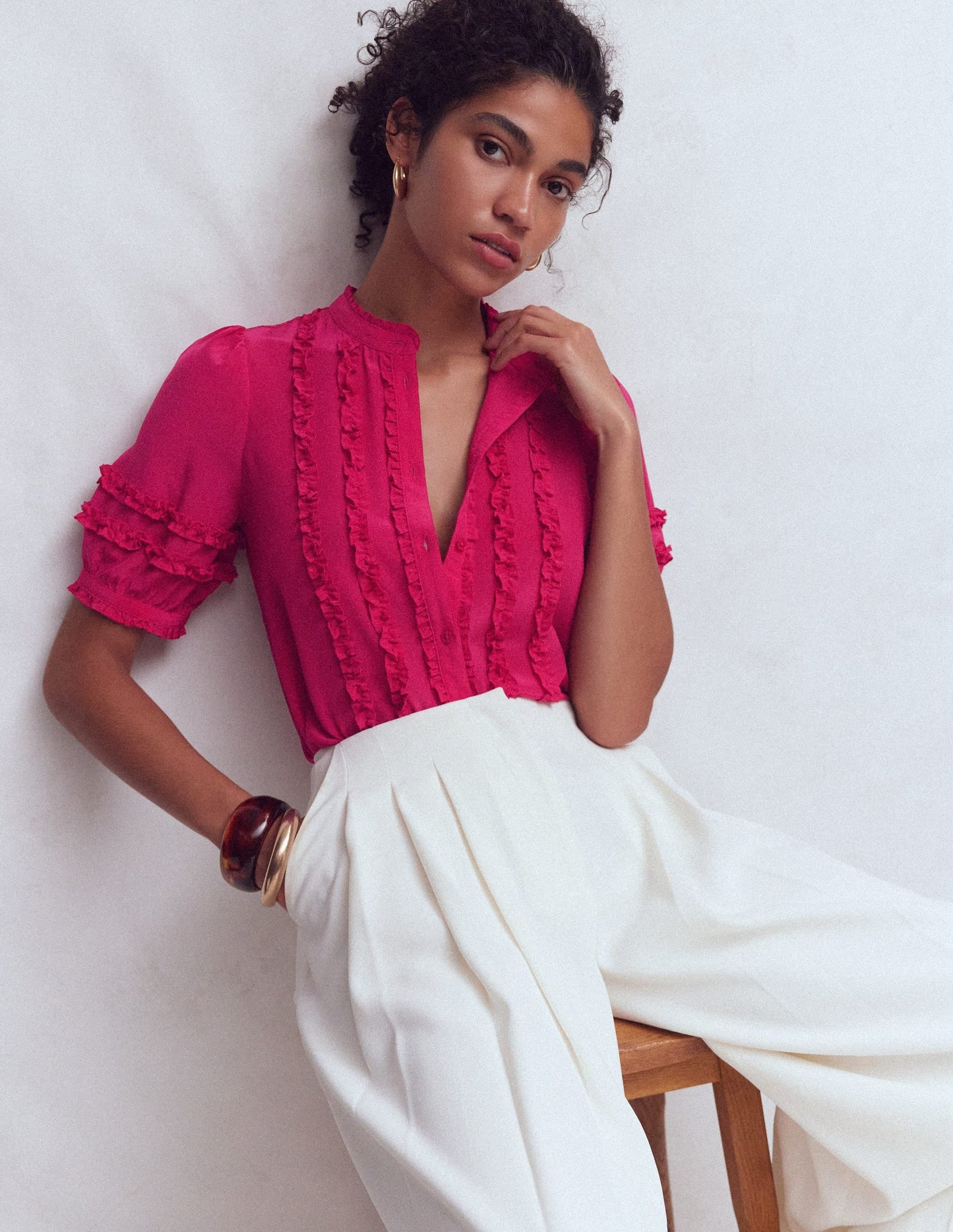 Short Sleeve Silk Ruffle Top-Vibrant Pink