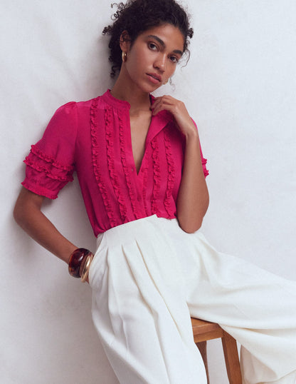 Short Sleeve Silk Ruffle Top-Vibrant Pink