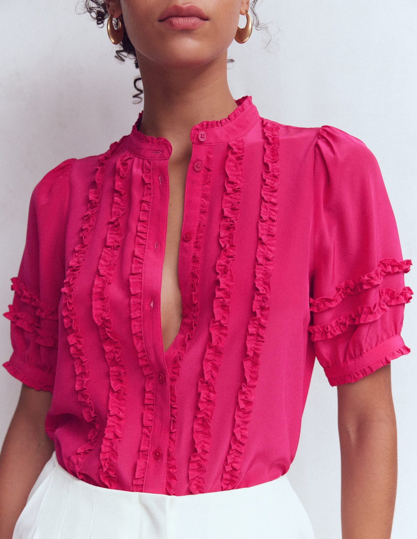 Short Sleeve Silk Ruffle Top-Vibrant Pink