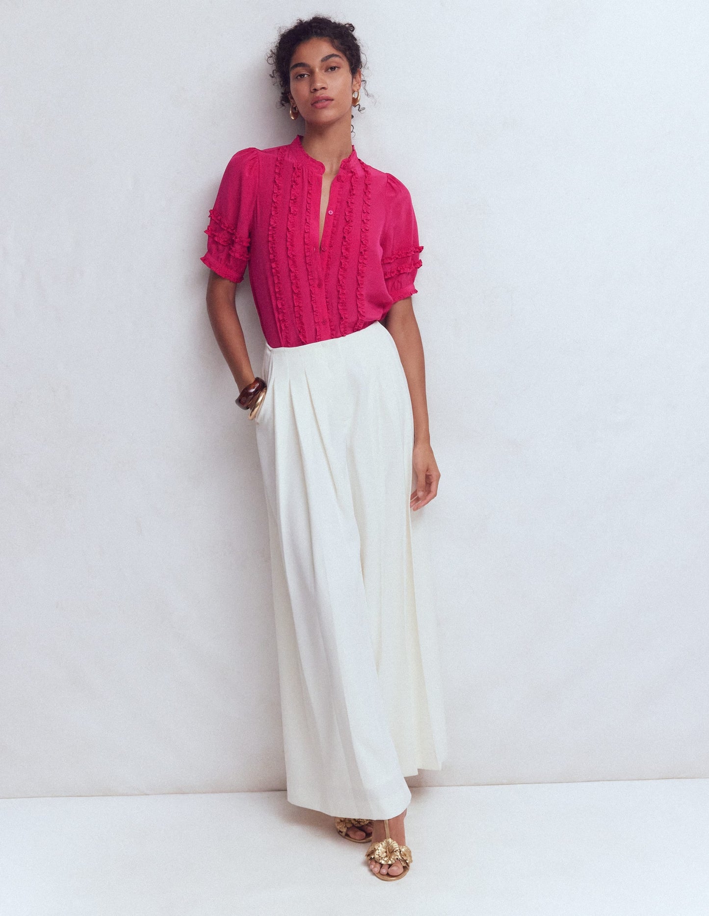 Short Sleeve Silk Ruffle Top-Vibrant Pink