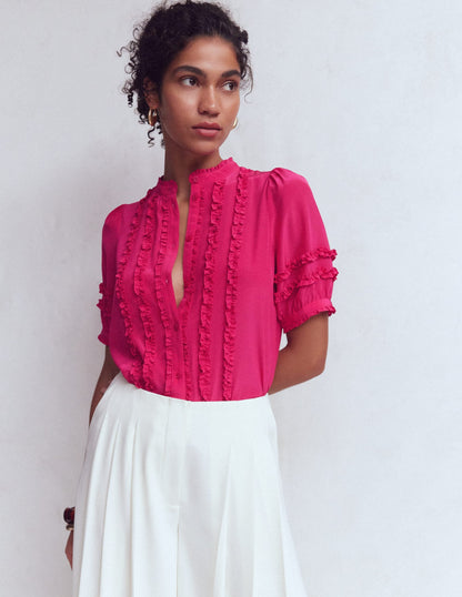 Short Sleeve Silk Ruffle Top-Vibrant Pink