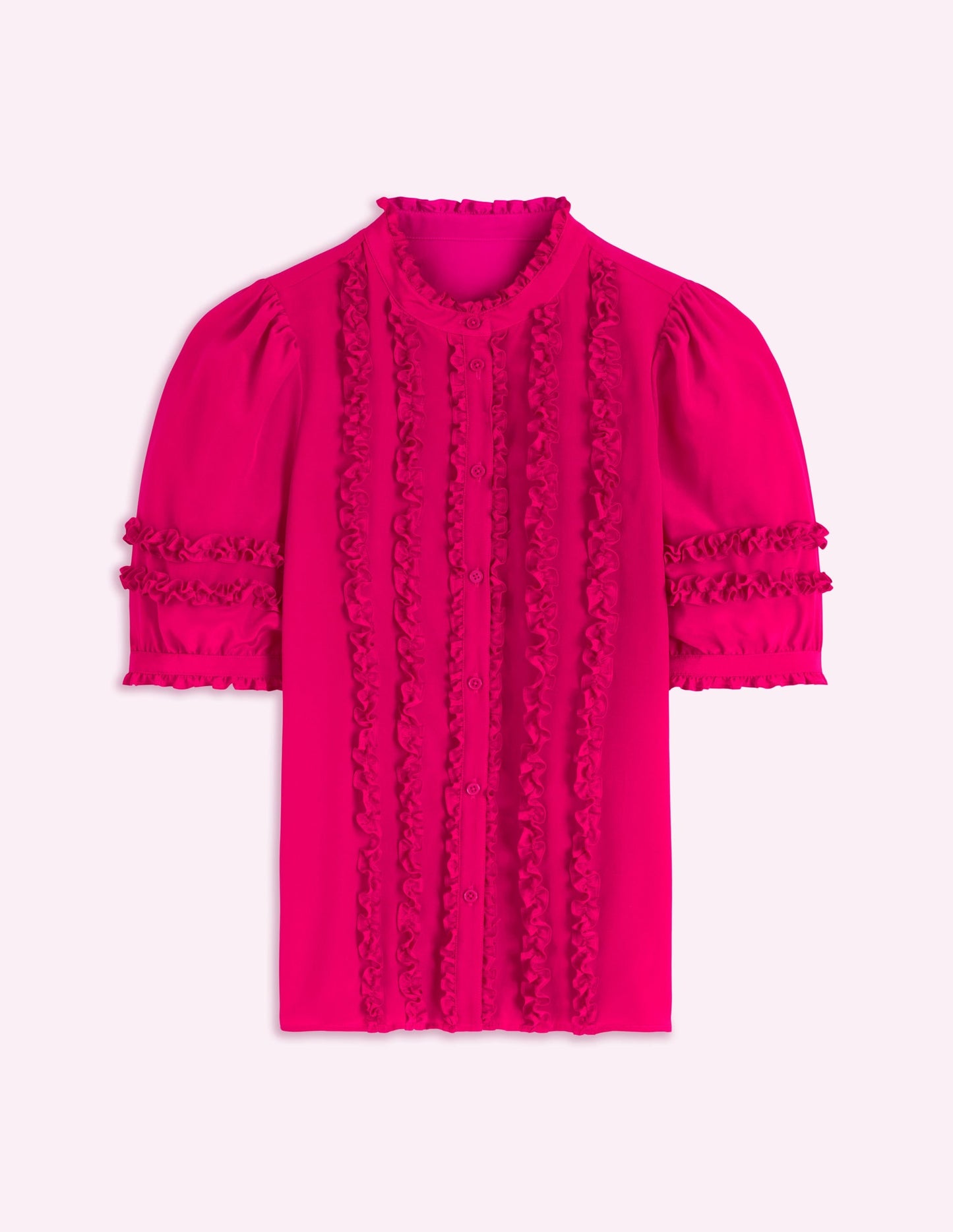 Short Sleeve Silk Ruffle Top-Vibrant Pink