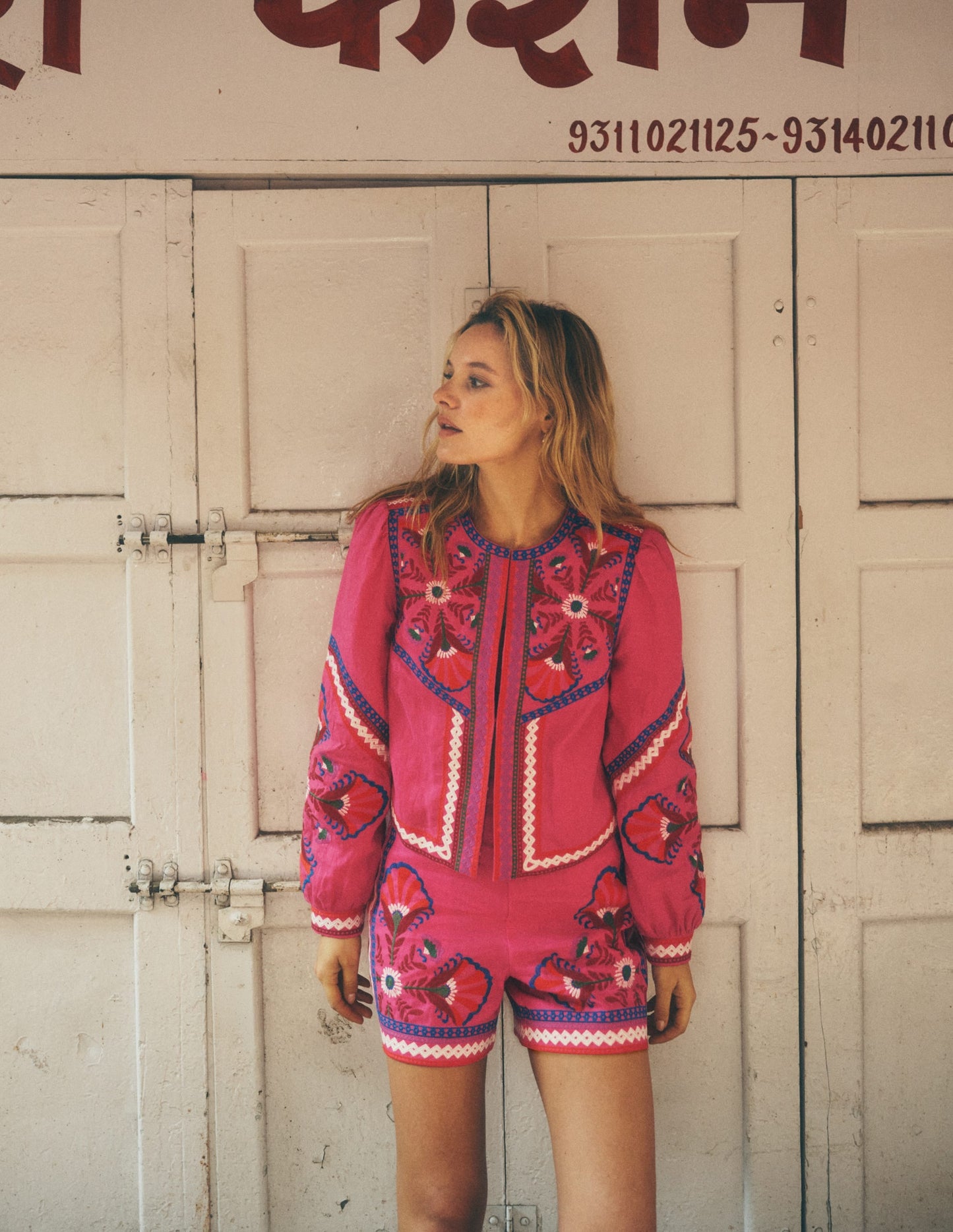 Embroidered Linen Jacket-Pink Peony, Embroidered